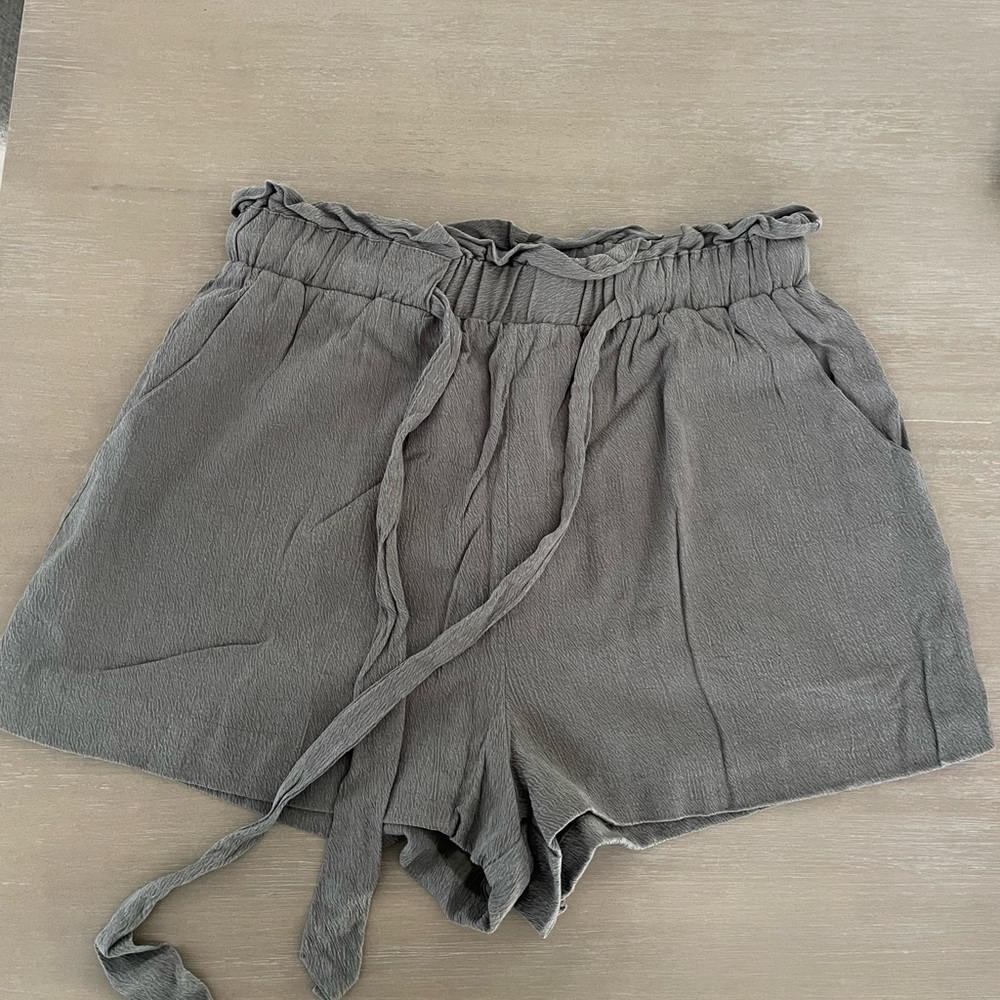 Pink Lily Olive-Grey High-Waist Paperbag Shorts